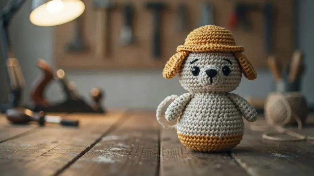 A cream and yellow amigurumi crochet puppy wearing a small yellow hard hat, sitting against a workshop-style background.