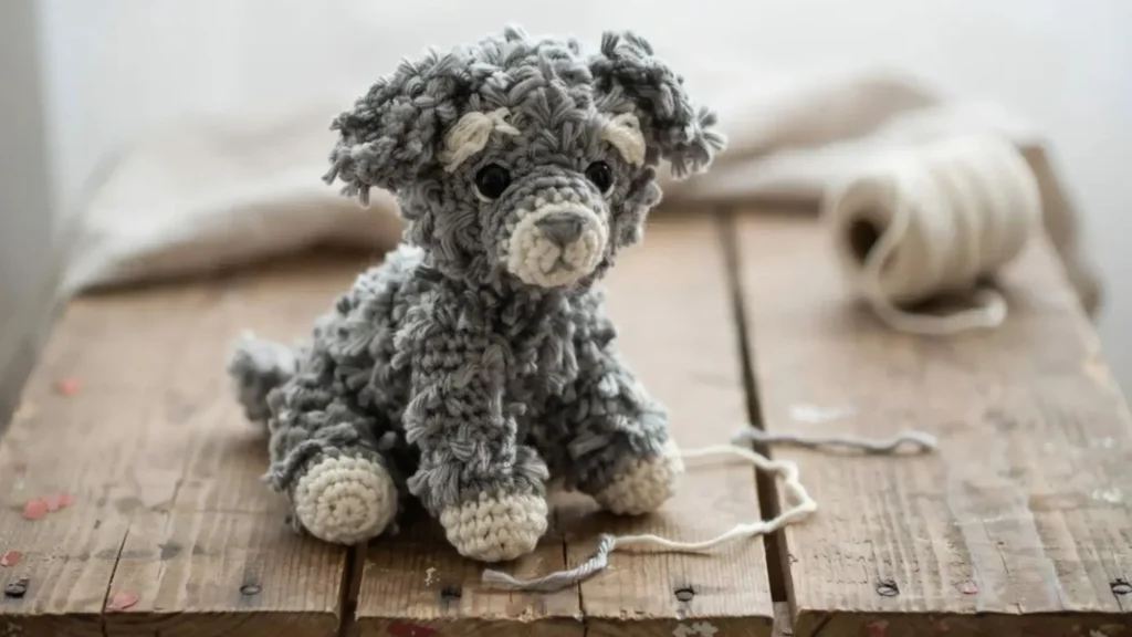 A grey and cream textured amigurumi crochet puppy with a shaggy loop-stitch coat, sitting on a wooden crate.