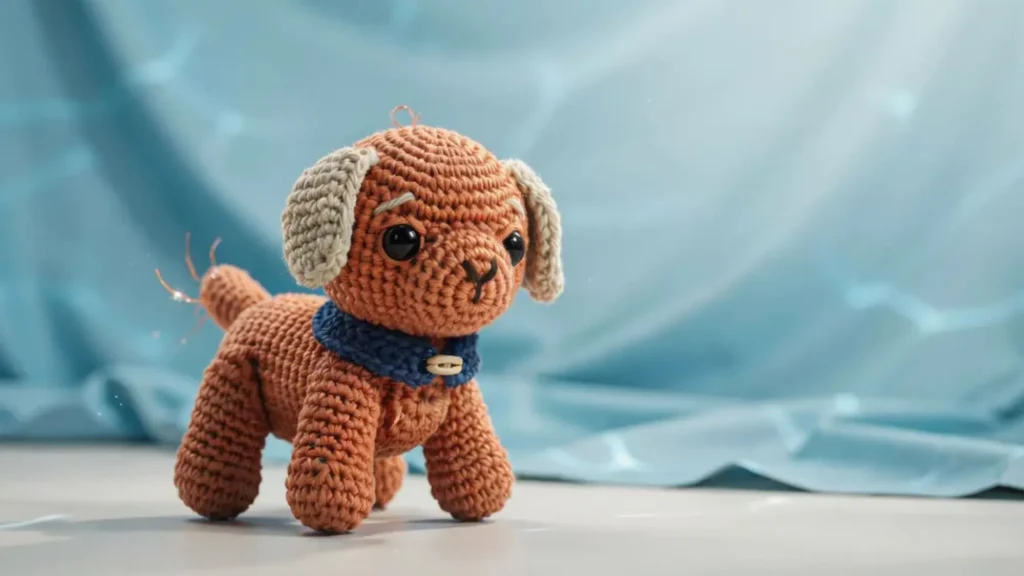 An orange and cream amigurumi crochet puppy with a small vest detail, sitting against a blue backdrop.