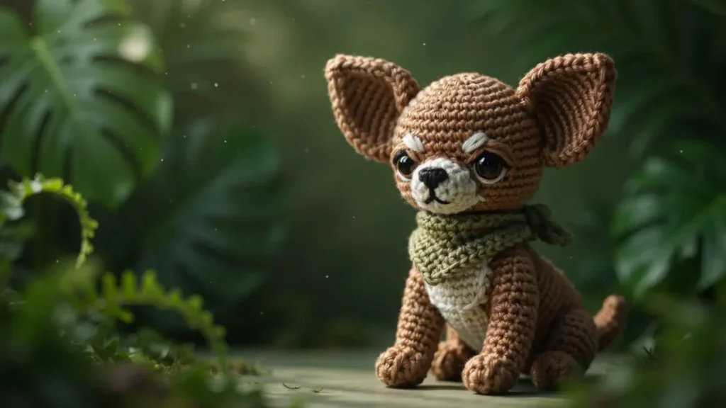 A brown and cream amigurumi crochet puppy with large ears, wearing a khaki bandana, on a leafy green backdrop.