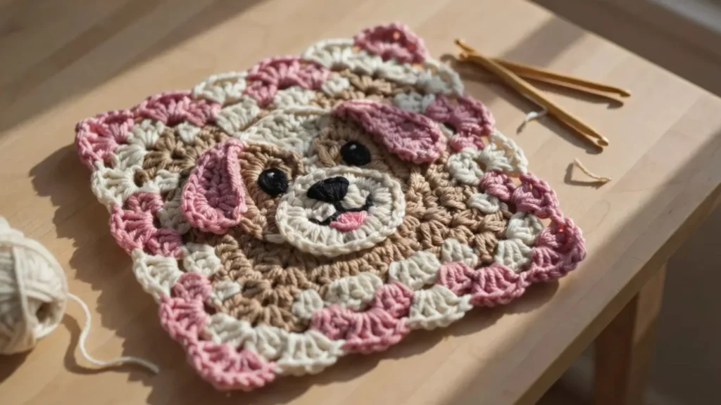 A crochet granny square featuring a stylized pink and cream puppy face design, laid flat on a wooden table.