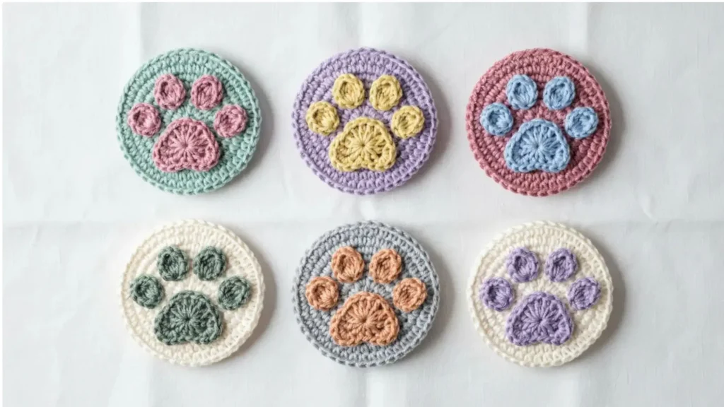 Six small round crochet paw print appliques in assorted pastel colors, arranged on a white fabric background.