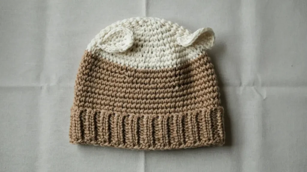 A crochet beanie hat with two small floppy puppy ears on top, laid flat on a neutral background.