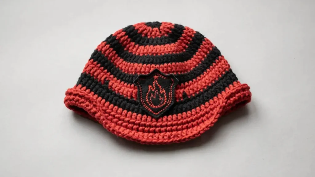 A red and black crochet firefighter-style beanie hat with a brim and badge applique, laid flat on a neutral surface.