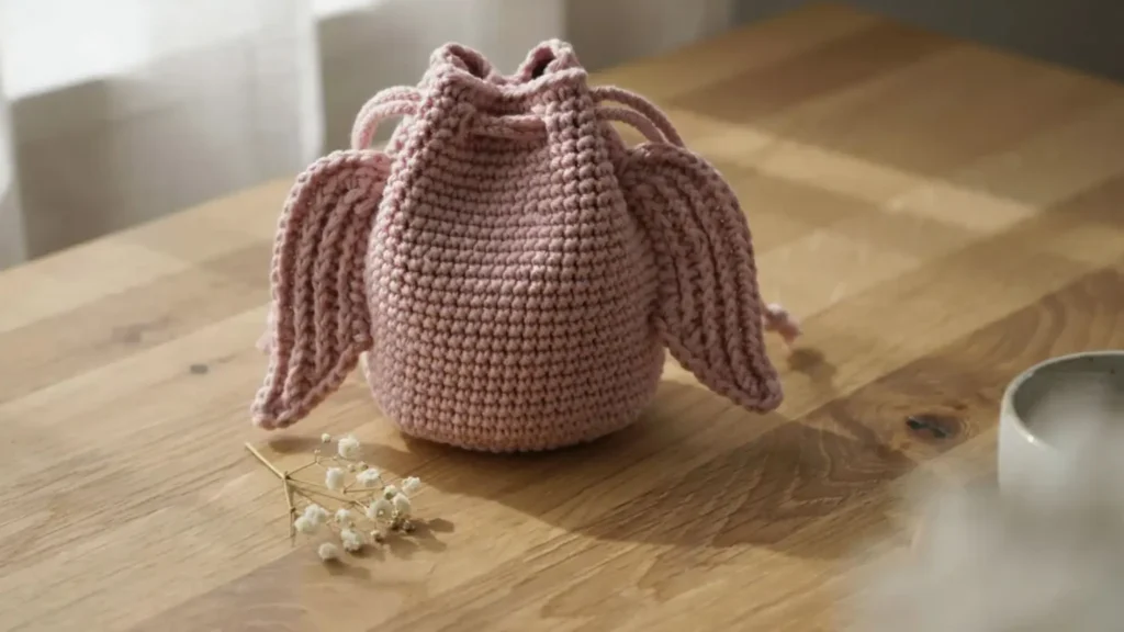 A pink crochet drawstring backpack with two wing-shaped panels on the sides, placed on a wooden surface.