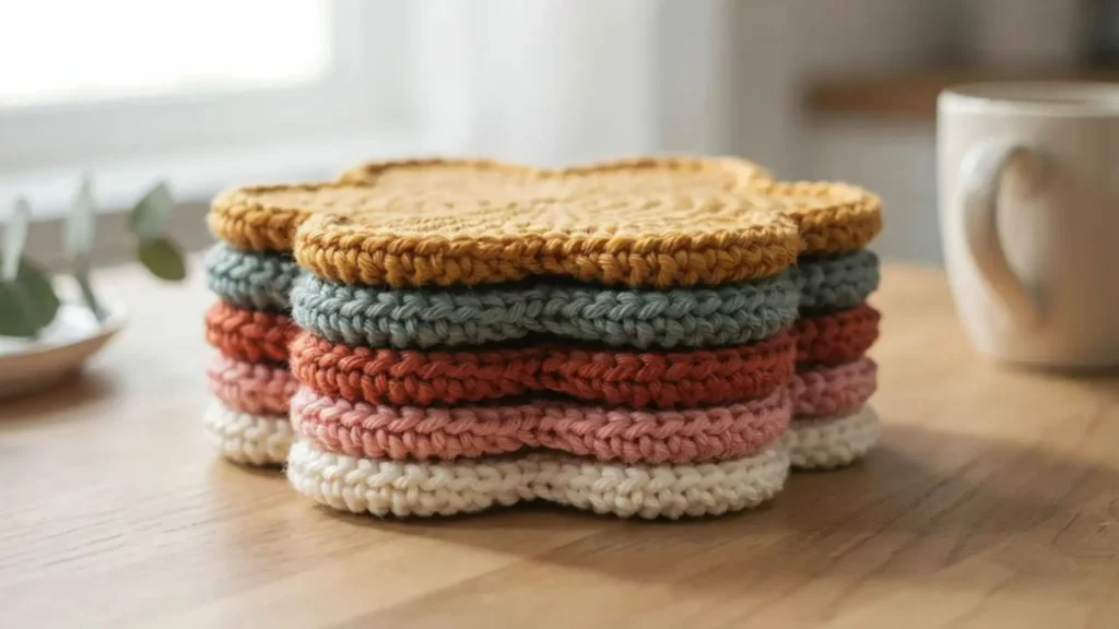 A stack of colorful crochet paw-print shaped coasters made from cotton yarn on a kitchen table.