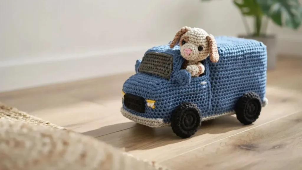 A blue and grey amigurumi crochet toy vehicle shaped like a small rescue truck, sitting on a wooden floor.