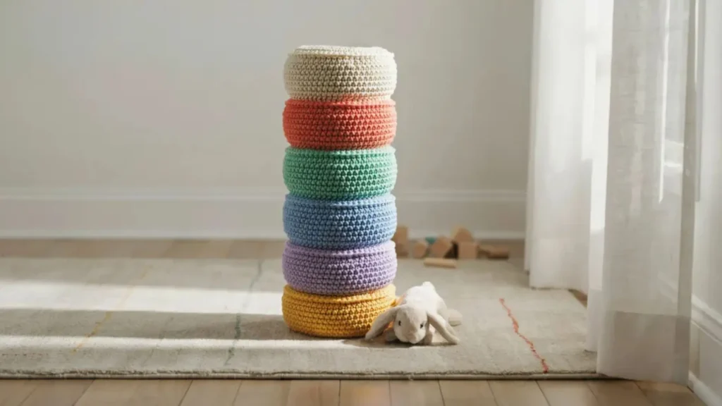 A tall crochet toy tower made of stacked colorful cylindrical panels, sitting on a playroom rug.