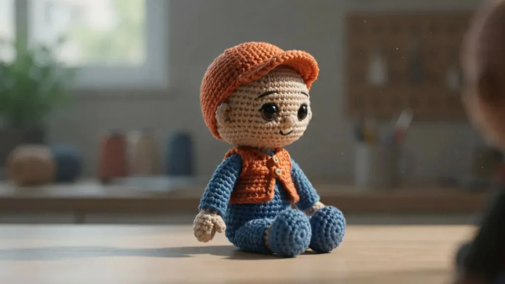 A small amigurumi crochet doll wearing a blue outfit with an orange vest and cap, sitting on a wooden shelf.