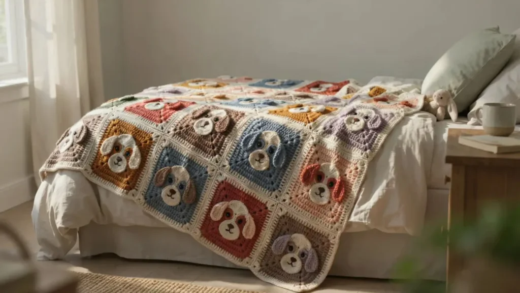 A colorful crochet granny square blanket with multiple stylized puppy face motifs, draped over a child's bed.