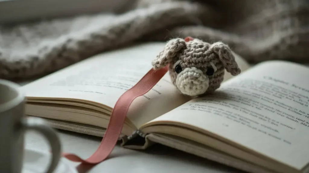 A small crochet bookmark shaped like a puppy face, attached to a ribbon and resting on an open book.