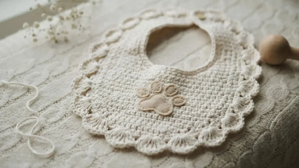A cream crochet baby bib with a small paw print applique, laid flat on a soft blanket.