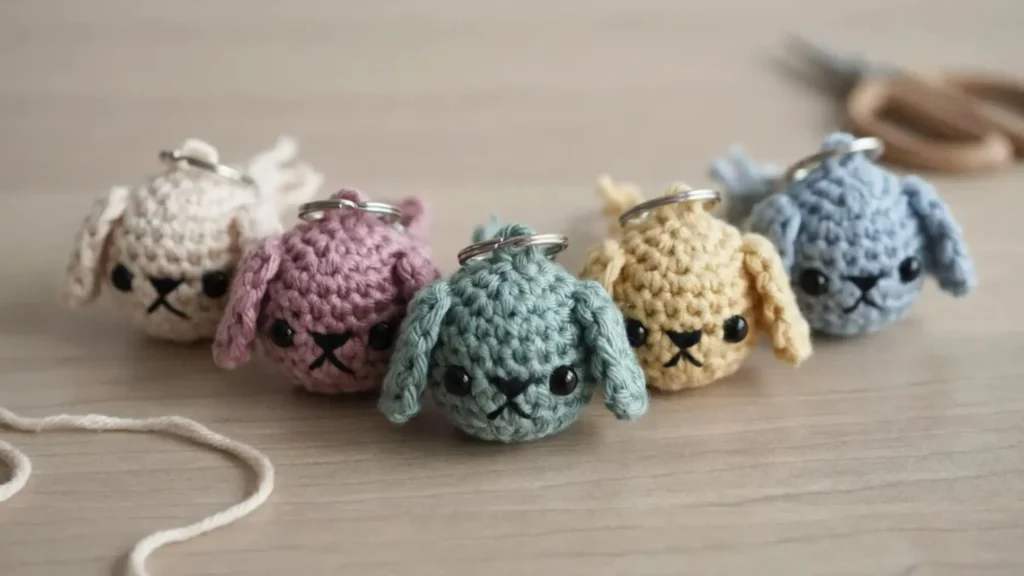 A set of small crochet keychains shaped like miniature puppy heads in assorted colors, arranged on a wooden table.
