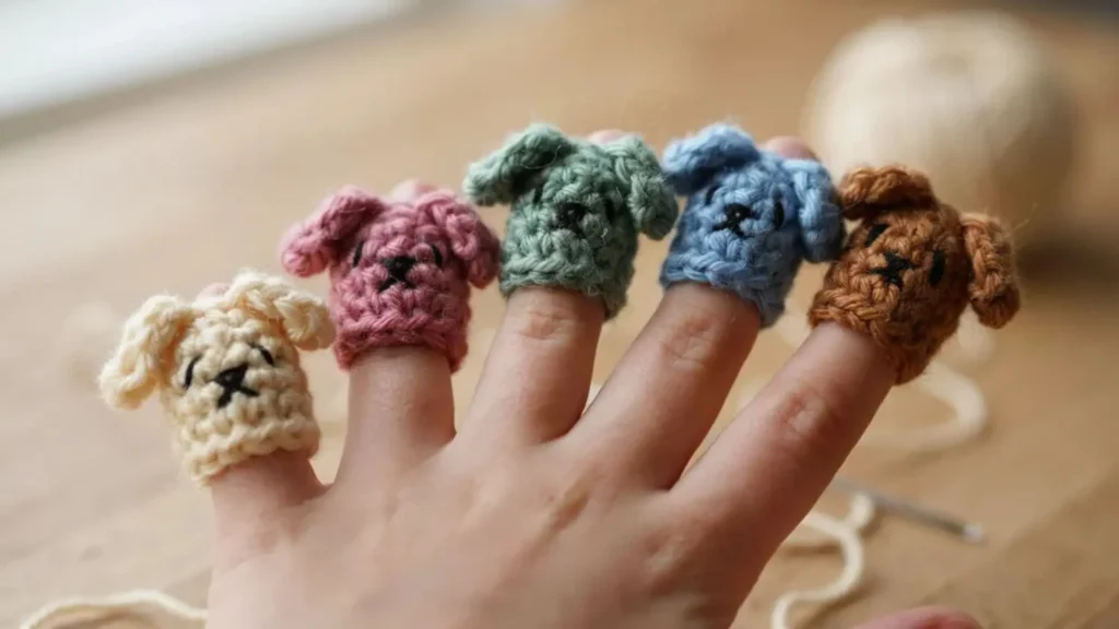 A set of small crochet finger puppets shaped like puppy faces in assorted colors, displayed on a child's hand.