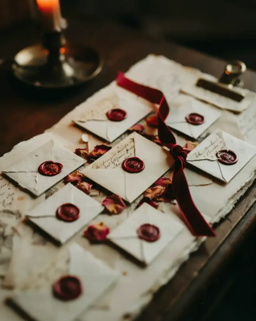 Romantic scrapbook page with miniature envelopes, love notes, wax seals, rose petals, and ribbon.