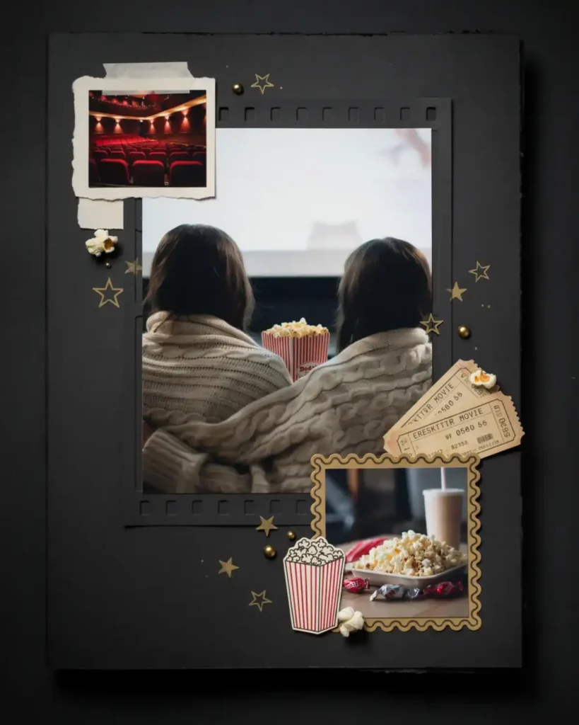 Movie-night scrapbook page with filmstrip photos, popcorn, cinema tickets, blankets, and rating symbols.