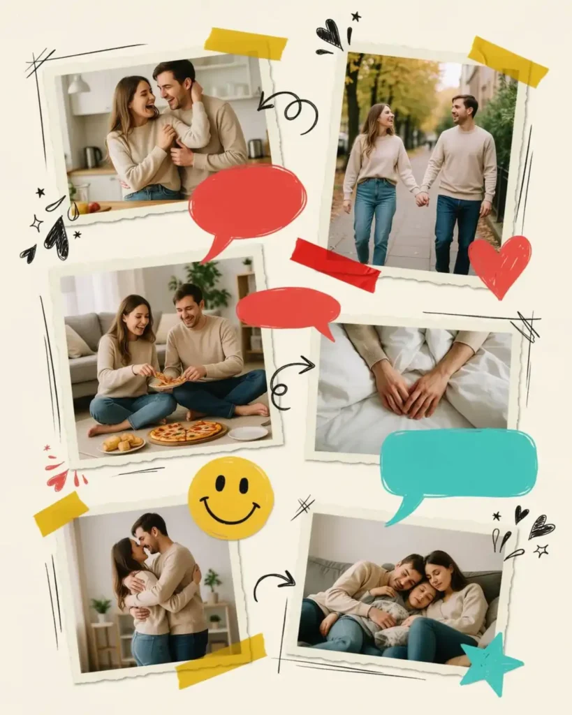 Comic-style scrapbook page with funny couple photos, blank speech bubbles, doodles, and playful inside jokes.