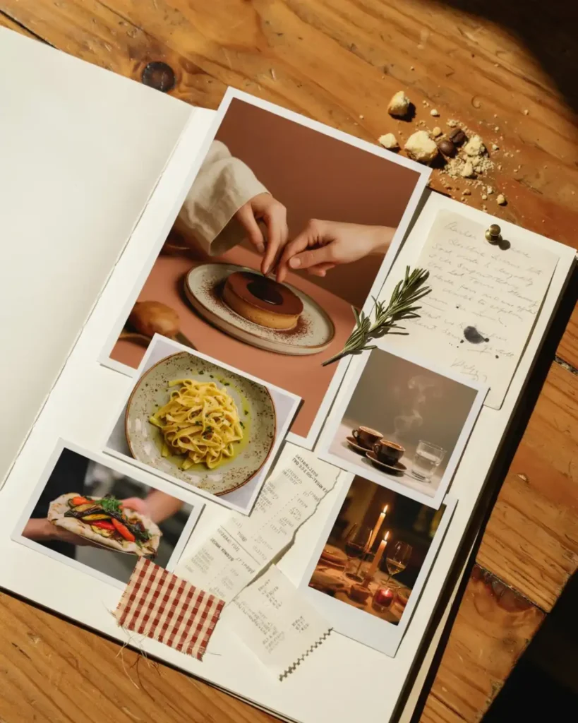 Food-adventure scrapbook with restaurant photos, homemade meals, coffee, receipts, recipe cards, and herbs.