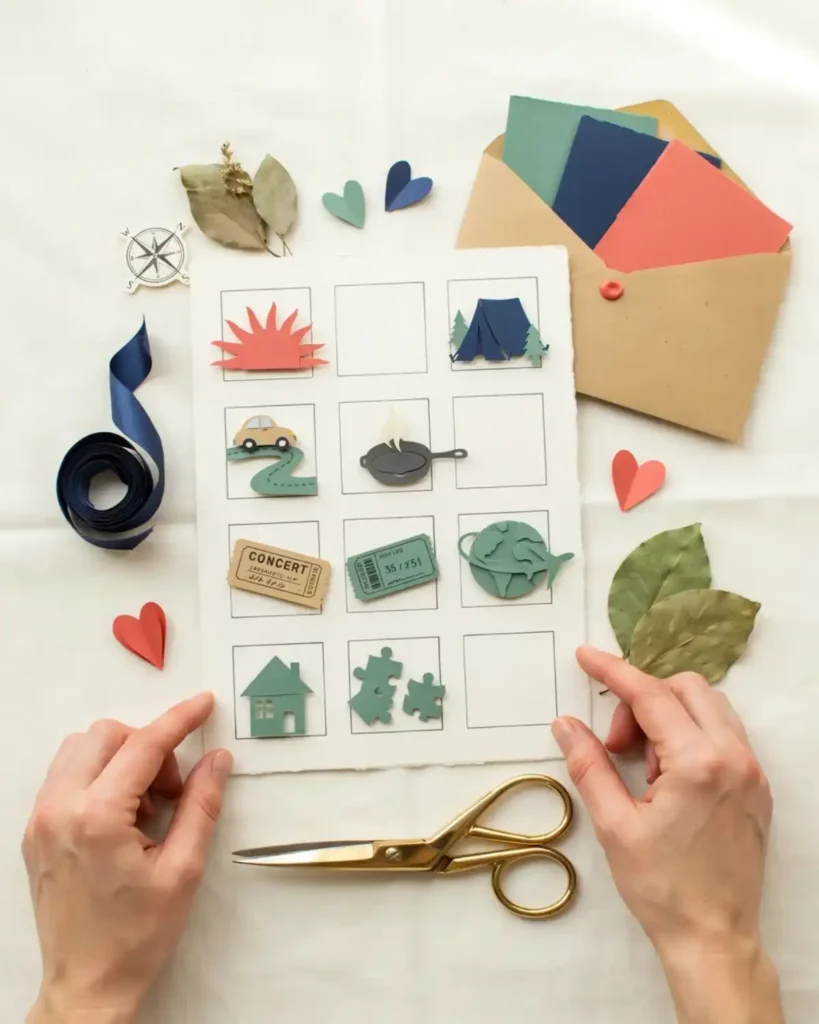 Couple bucket-list scrapbook with adventure icons, checkboxes, travel goals, and folded future-date cards.