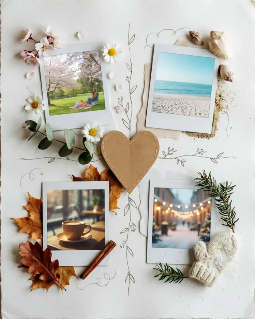 Four-season relationship scrapbook with spring flowers, summer beach memories, autumn leaves, and winter details.