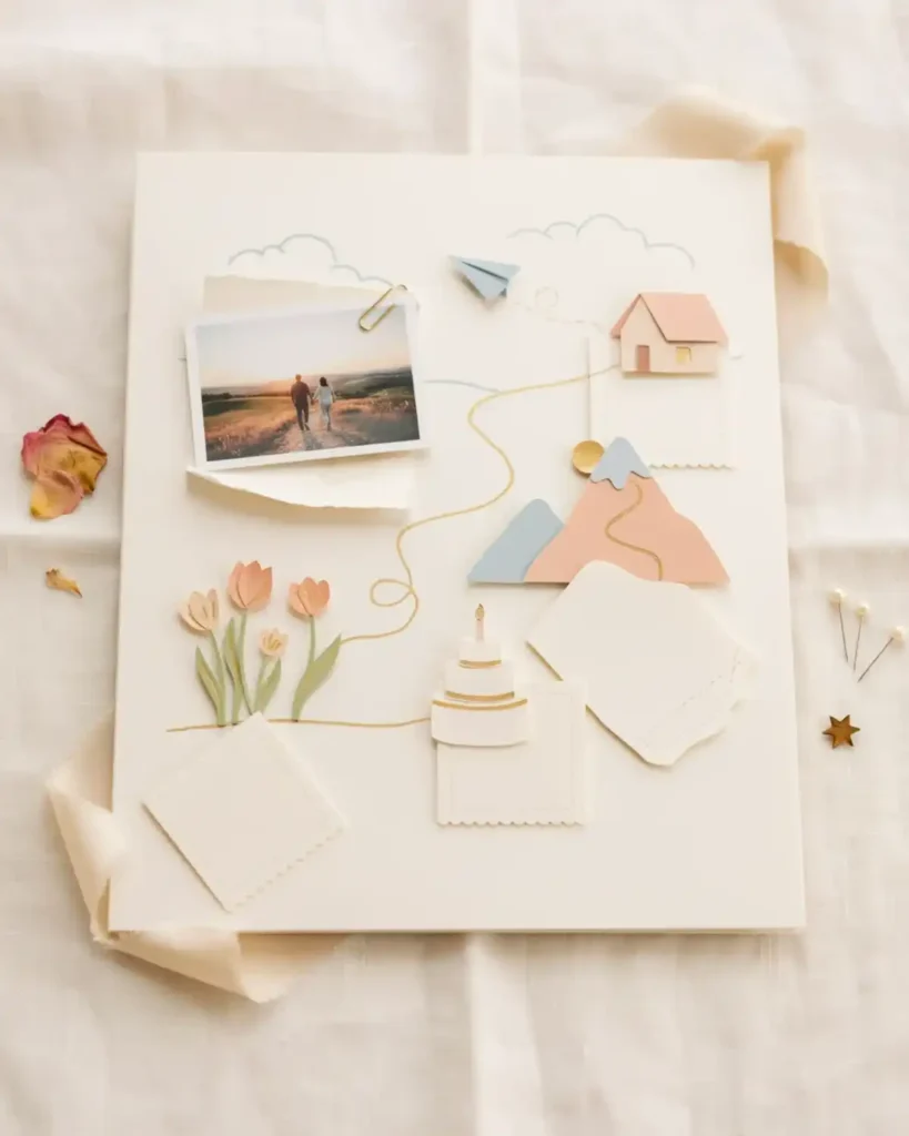 Future-story scrapbook with empty photo spaces, travel and home symbols, and a couple walking toward sunrise.