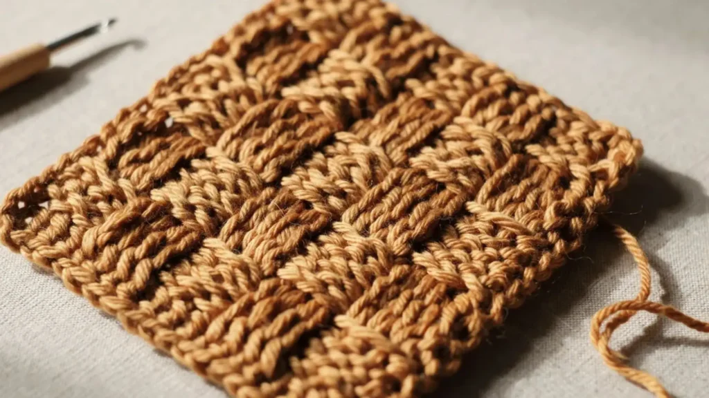 Close-up of basketweave crochet stitch showing woven, crisscrossing raised blocks. 