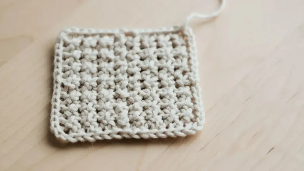 Waffle stitch crochet texture with a raised grid of small square pockets.