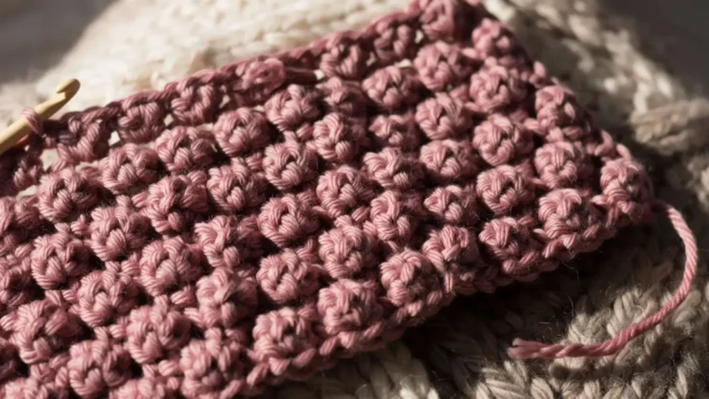 Bobble stitch crochet swatch with rows of raised round bumps. 