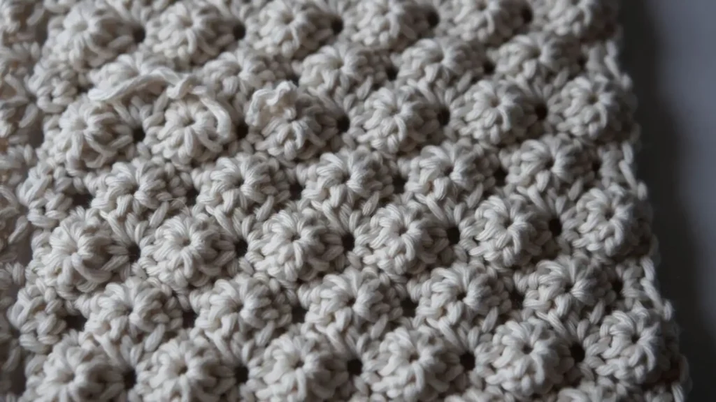  Popcorn stitch crochet swatch showing hollow, shell-shaped raised bumps. 