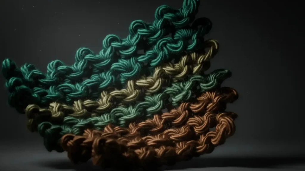  Crocodile stitch crochet swatch with overlapping scale-like layered texture. 