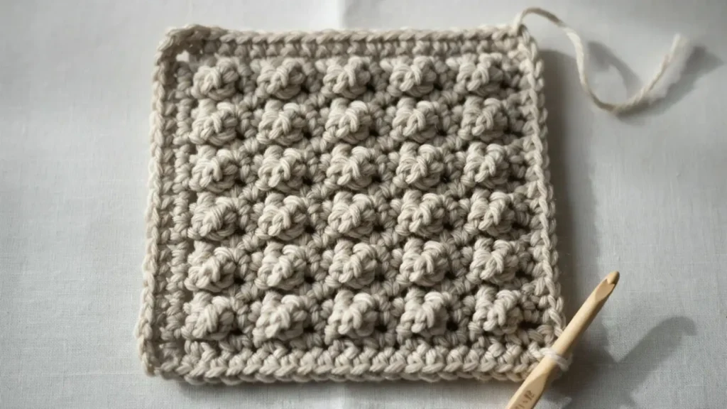 Trinity stitch crochet swatch with a tweed-like bumpy texture.