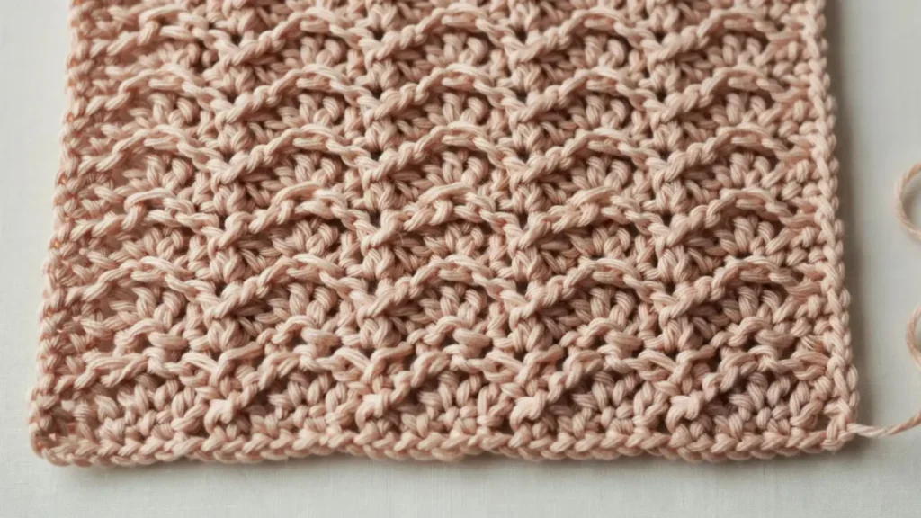 Sedge stitch crochet texture with soft scalloped ridges. 