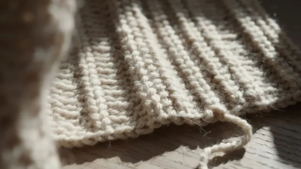 Alpine stitch crochet texture with tall, loft-heavy ridges. 