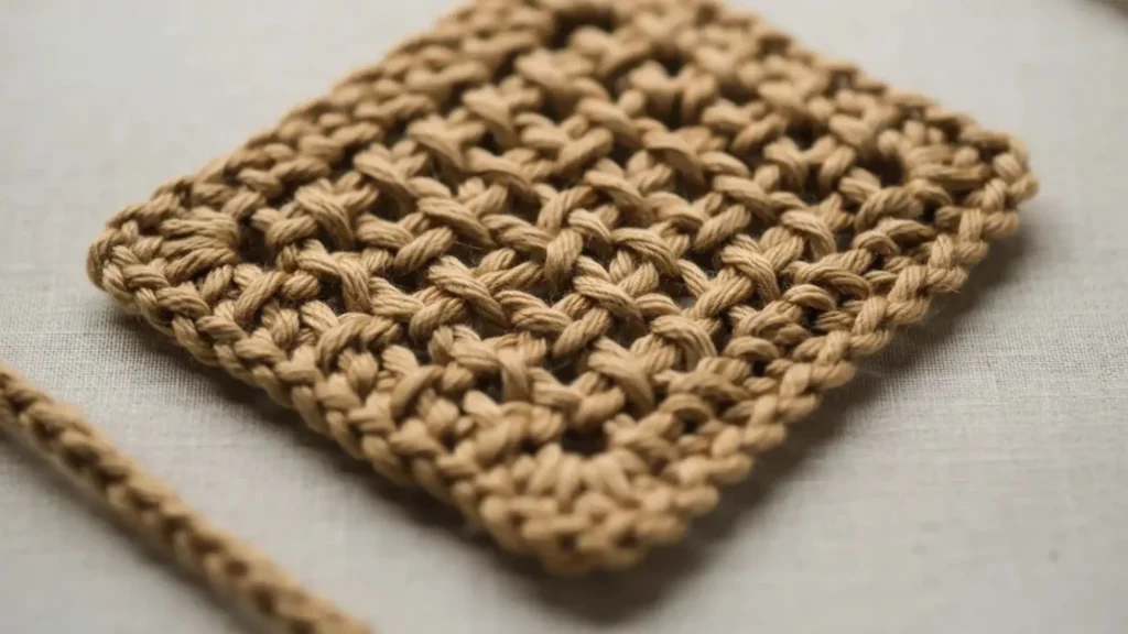  Woven stitch crochet swatch with a lattice, laced-together texture.