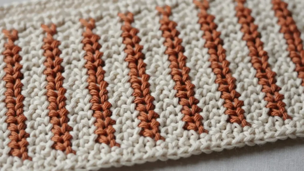  Spike stitch crochet swatch with contrasting elongated stitches. 