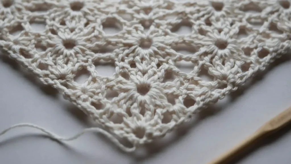  Diamond stitch crochet swatch with fan clusters and open diamond spaces. 