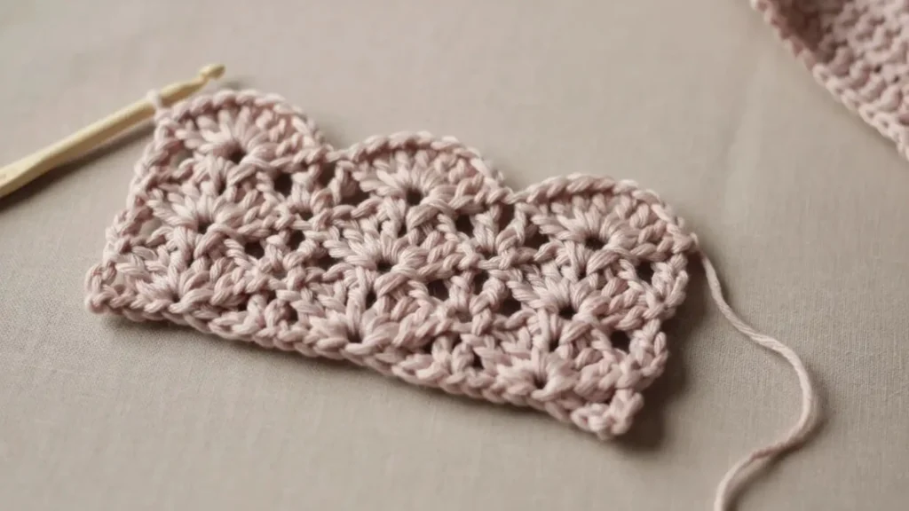 Fan stitch crochet swatch with clusters spread like open fans. 