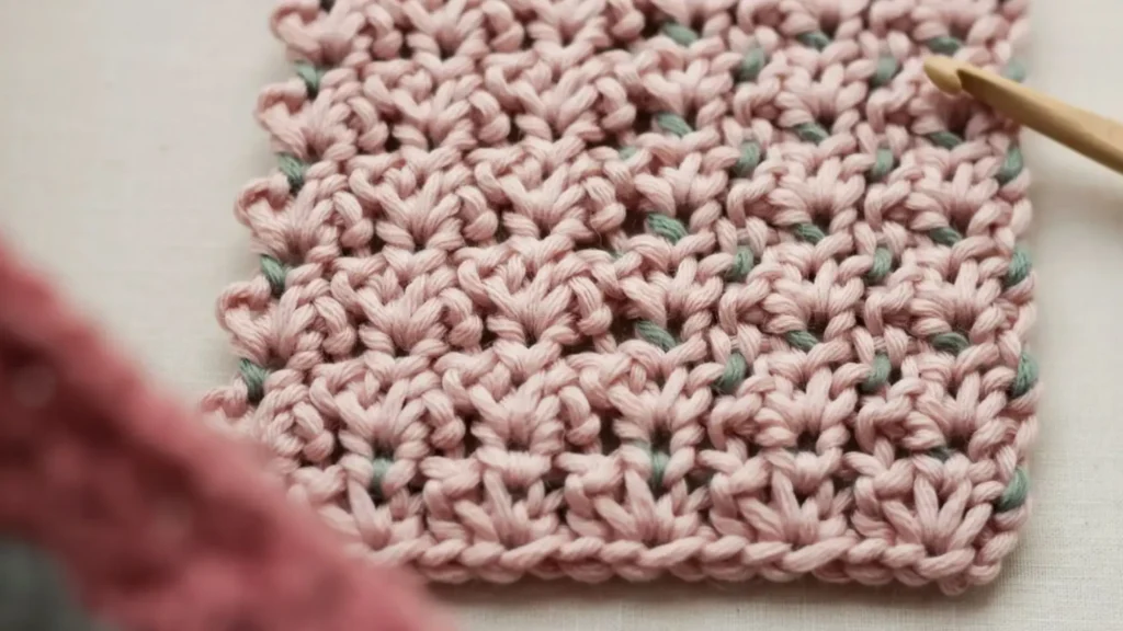 Tulip stitch crochet swatch with rounded, tulip-bud-shaped clusters. 