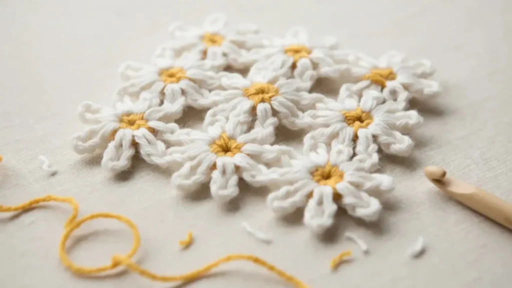 Daisy stitch crochet swatch with small flower-like petal clusters. 