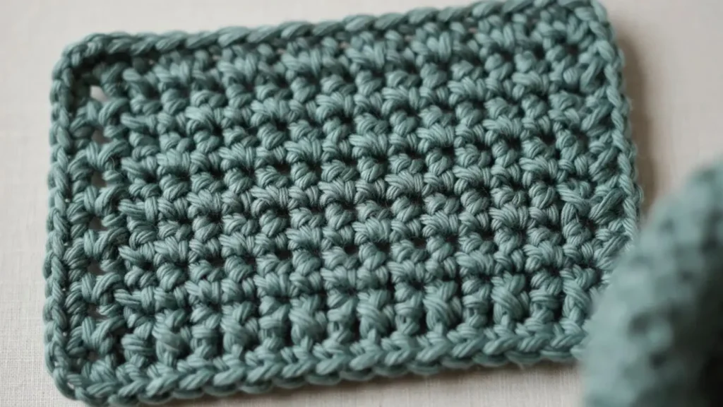 Bean stitch crochet swatch with small, tightly closed raised clusters. 