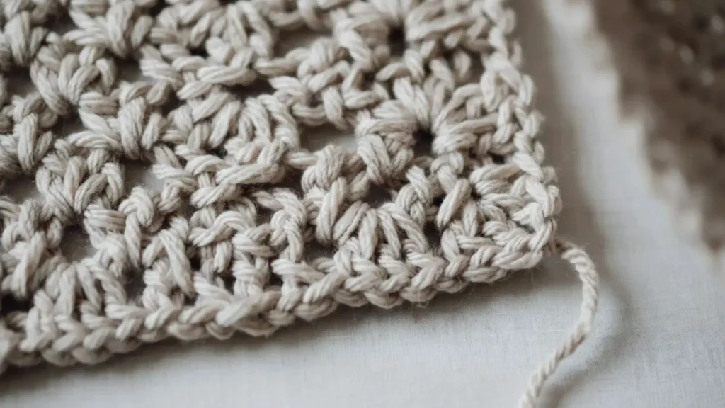 Wattle stitch crochet swatch with loose, open basket-like clusters.