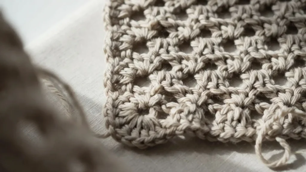 Primrose stitch crochet swatch with clusters framed in diamond mesh.