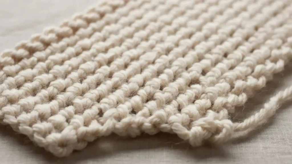 Loop stitch crochet swatch with dense standing loops resembling fur. 