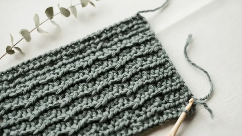 Aspen stitch crochet swatch with staggered, bark-like ridges. 