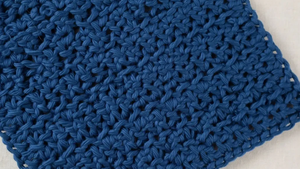  X-stitch crochet swatch showing a flat, crosshatch woven pattern. 