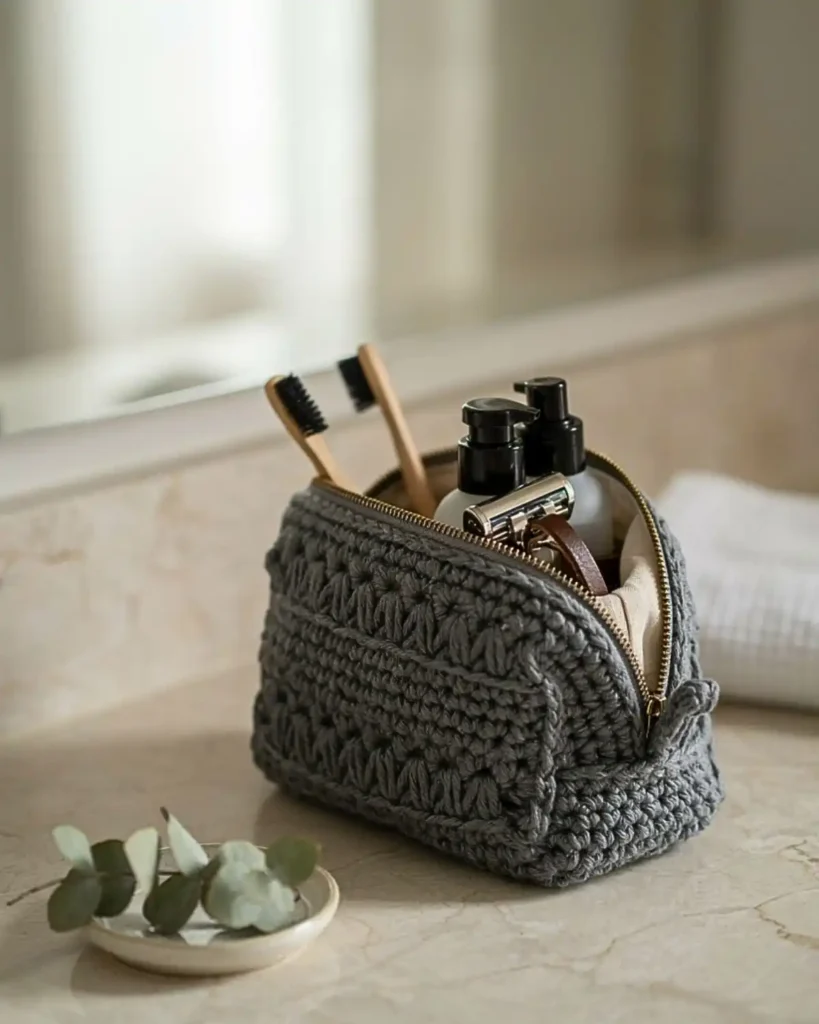 Firm olive crochet catchall tray holding a watch, keys, coins, and earbuds on a nightstand.