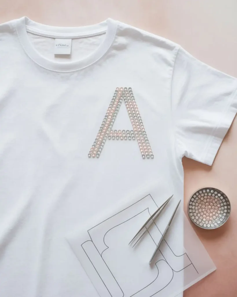 White T-shirt personalized with a sparkling rhinestone letter A.