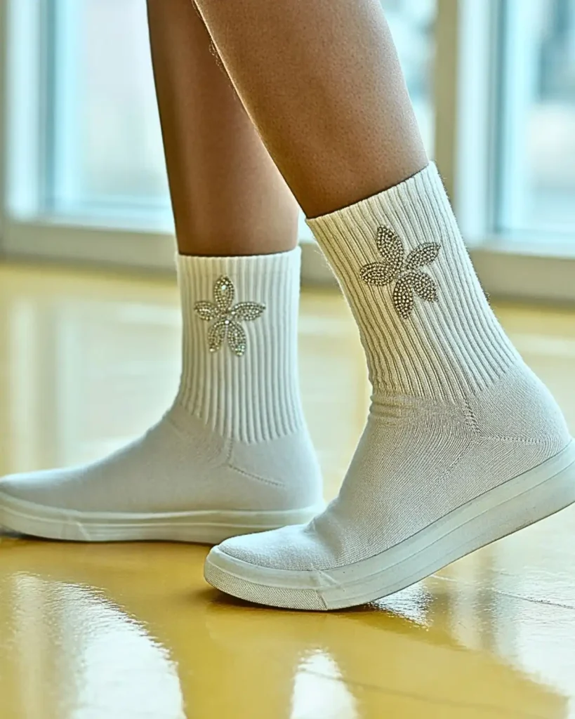 White ankle socks decorated with small rhinestone flowers above pastel sneakers.