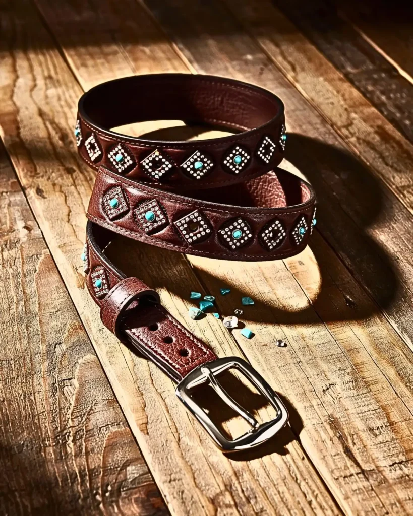 Brown belt decorated with repeating turquoise and clear rhinestone diamond patterns.