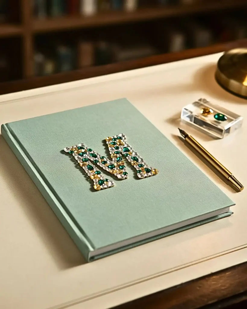 Sage-green notebook personalized with a gold and emerald rhinestone letter M.